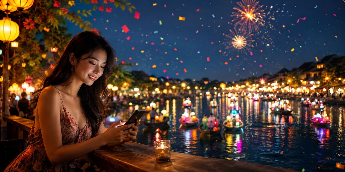 Người chơi tại Hội An nạp tiền và chơi casino trên điện thoại trong quán cà phê